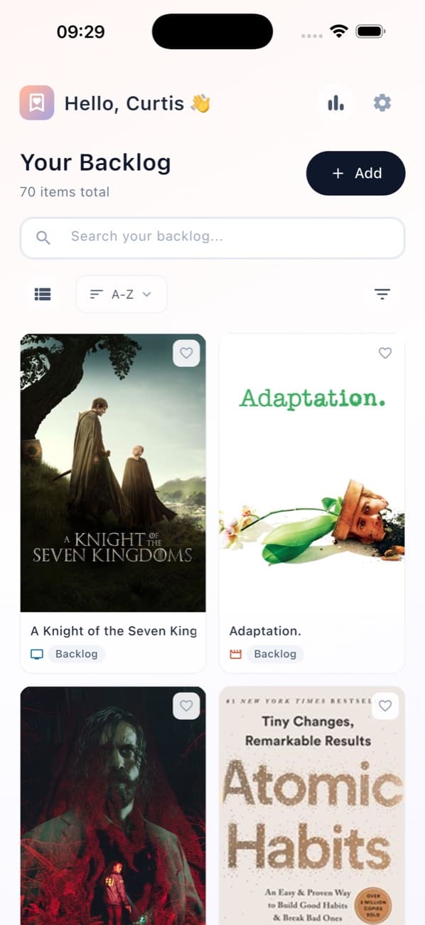 Backlog app list of films, shows and books with a search bar