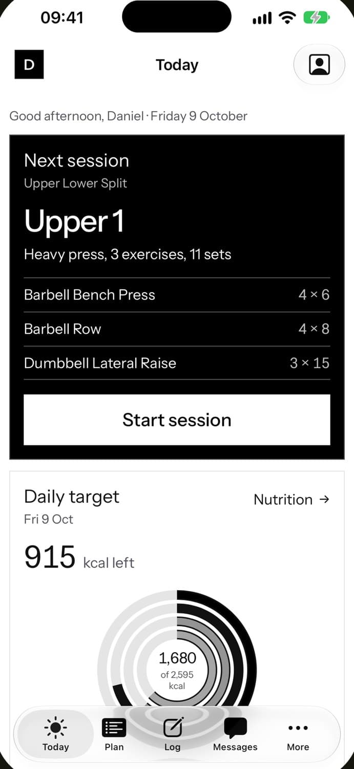 Conquest app Today screen showing the next training session and daily calorie target