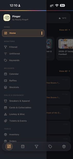 Pinger app menu listing monitors, releases, guidance and tools